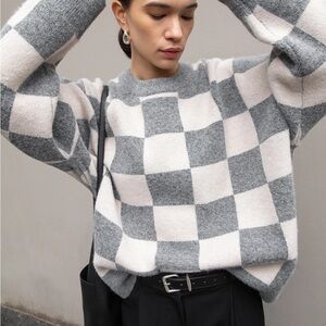 Oak + Fort Checkered Crewneck Sweater charcoal oatmeal